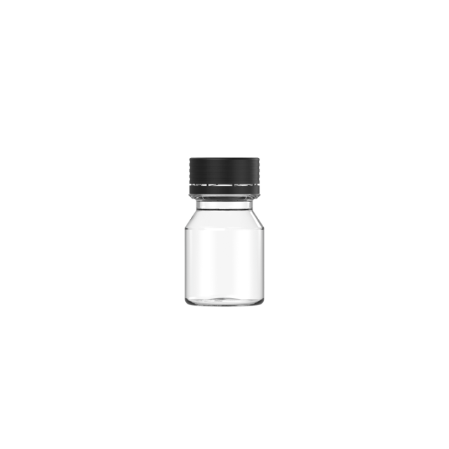 30ML STUBBY SPIRAL SHOT BOTTLE WITH TAMPER EVIDENT(CLEAR BOTTLE WITH BLACK CLOSURE)