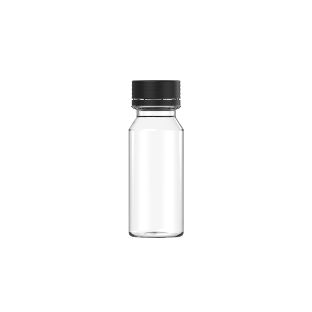 60ML SPIRAL SHOT BOTTLE WITH TAMPER EVIDENT(CLEAR BOTTLE WITH BLACK CLOSURE)