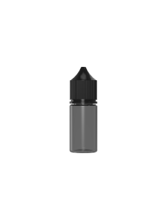 30ML CR STUBBY UNICORN BOTTLE WITH TAMPER EVIDENT (TRANSLUCENT BLACK BOTTLE WITH BLACK CLOSURE)